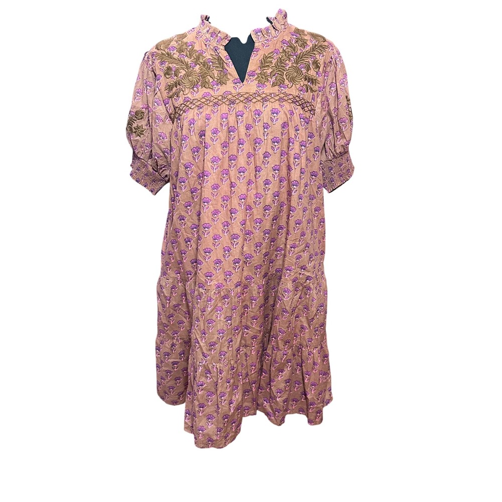 Sister Mary Camilla Dress Brown Purple Floral Embroidered Cotton Mini Pockets